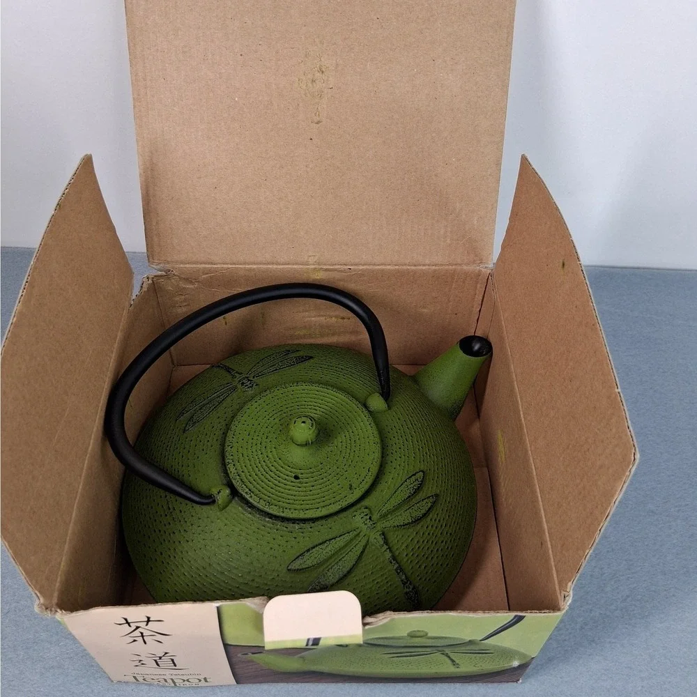 Japanese Tetsubin Teapot Green Cast Iron Dragonfly Enamel Interior NIB
